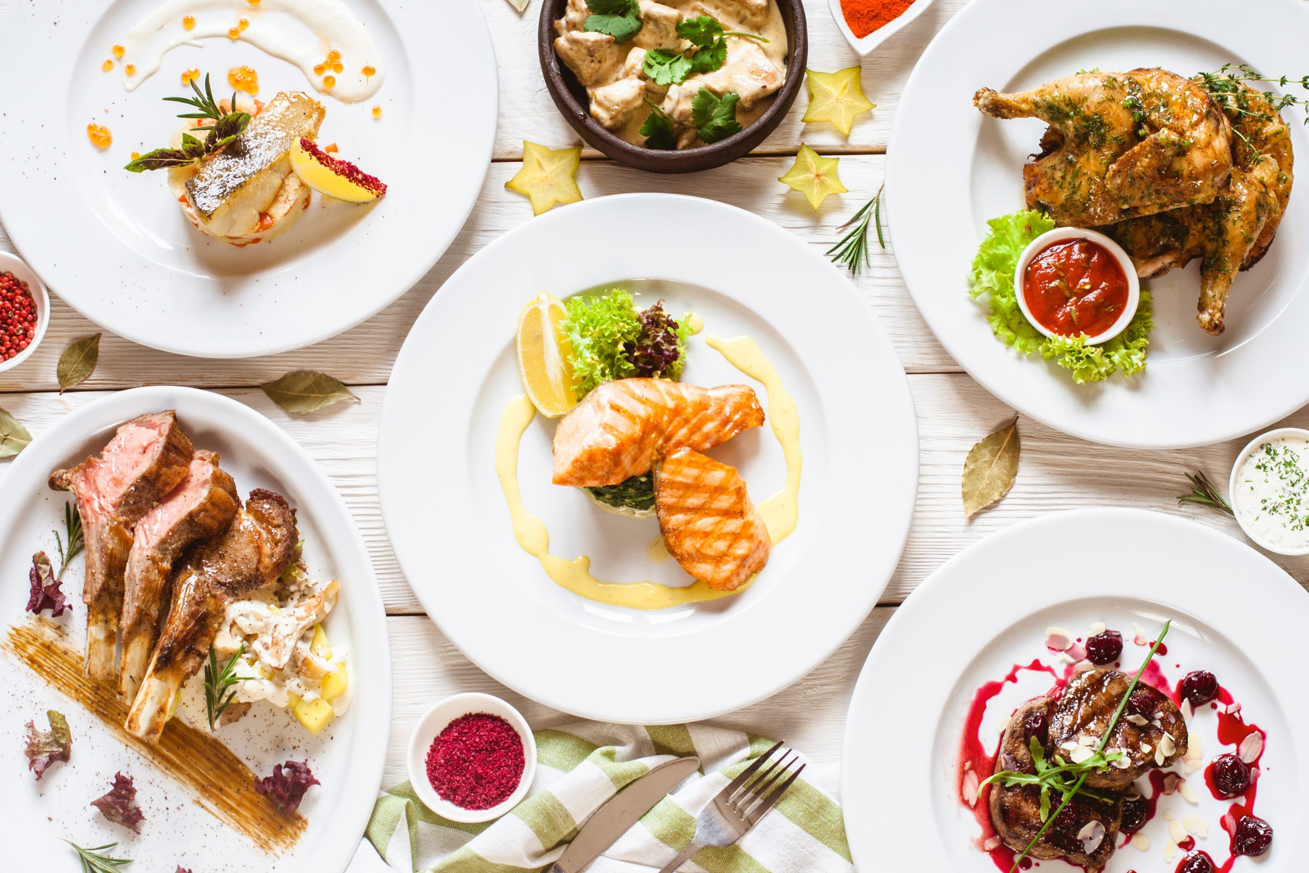 top view food assortment luxury buffet flat lay